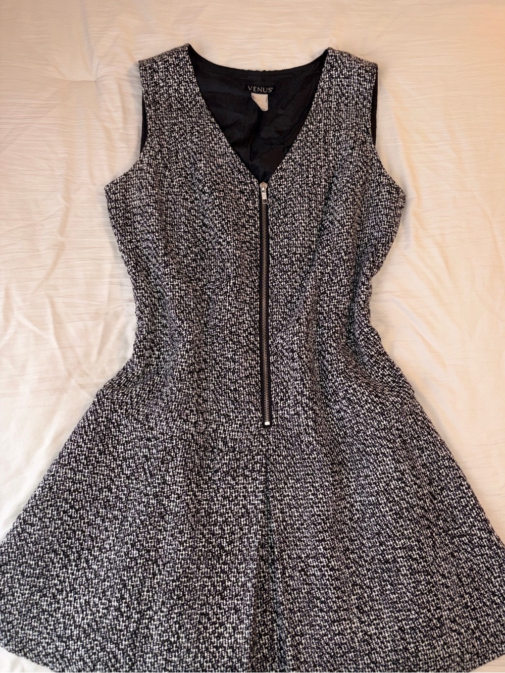 VENUS Black & White Tweed Zip-Front Fit & Flare Dress